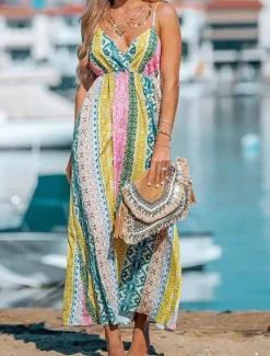 Women's Casual Dress Slip Dress Floral Geometric Backless Print Strap Long Dress Maxi Dress Boho Vacation Sleeveless Summer Women Vacation Dresses