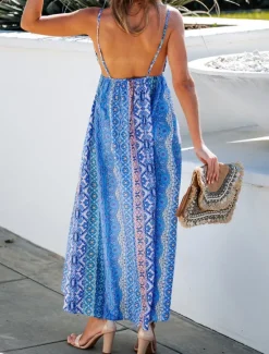 Women's Casual Dress Slip Dress Floral Geometric Backless Print Strap Long Dress Maxi Dress Boho Vacation Sleeveless Summer Women Vacation Dresses
