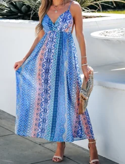 Women's Casual Dress Slip Dress Floral Geometric Backless Print Strap Long Dress Maxi Dress Boho Vacation Sleeveless Summer Women Vacation Dresses