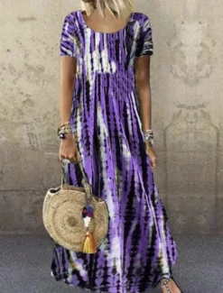 Clearance Women's Casual Dress Stripe Print Crew Neck Long Dress Maxi Dress Bohemia Boho Vacation Short Sleeve Summer Women Spring Dresses