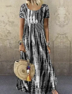 Clearance Women's Casual Dress Stripe Print Crew Neck Long Dress Maxi Dress Bohemia Boho Vacation Short Sleeve Summer Women Spring Dresses