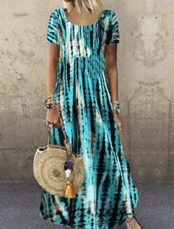 Clearance Women's Casual Dress Stripe Print Crew Neck Long Dress Maxi Dress Bohemia Boho Vacation Short Sleeve Summer Women Spring Dresses