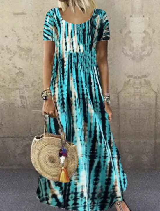 Clearance Women's Casual Dress Stripe Print Crew Neck Long Dress Maxi Dress Bohemia Boho Vacation Short Sleeve Summer Women Spring Dresses