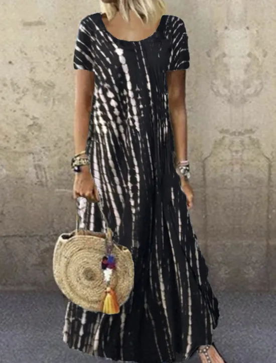 Clearance Women's Casual Dress Stripe Print Crew Neck Long Dress Maxi Dress Bohemia Boho Vacation Short Sleeve Summer Women Spring Dresses
