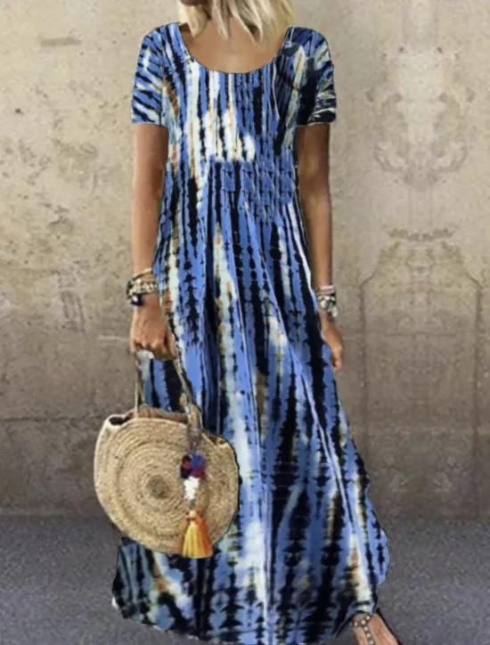 Clearance Women's Casual Dress Stripe Print Crew Neck Long Dress Maxi Dress Bohemia Boho Vacation Short Sleeve Summer Women Spring Dresses