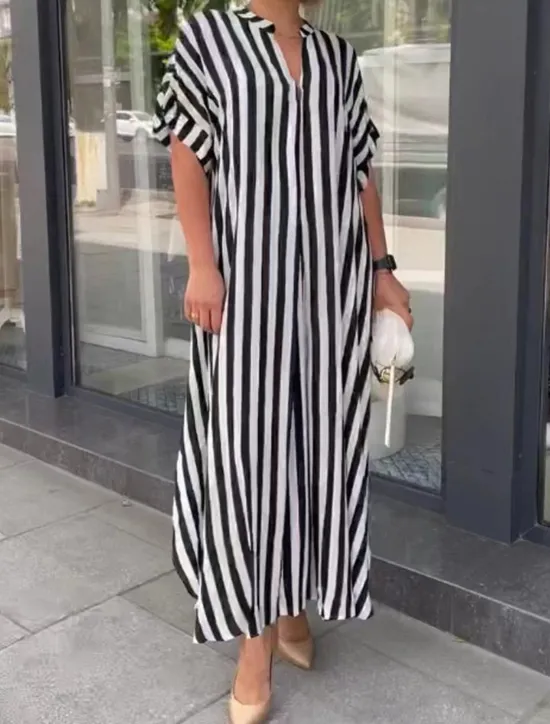 Online Women's Casual Dress Stripe Button Print Shirt Collar Long Dress Maxi Dress Vacation Short Sleeve Summer Women Spring Dresses