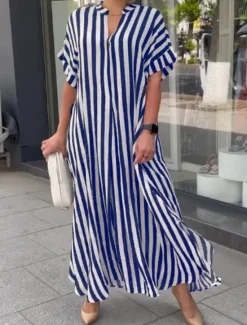 Online Women's Casual Dress Stripe Button Print Shirt Collar Long Dress Maxi Dress Vacation Short Sleeve Summer Women Spring Dresses
