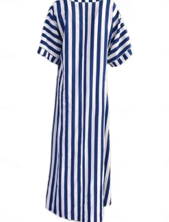 Online Women's Casual Dress Stripe Button Print Shirt Collar Long Dress Maxi Dress Vacation Short Sleeve Summer Women Spring Dresses
