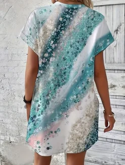 Clearance Women's Casual Dress Sundress Abstract Marble Pocket Crew Neck Elbow Sleeve Mini Dress Hawaiian Stylish Daily Date Short Sleeve Summer Spring Women T Shirt Dresses
