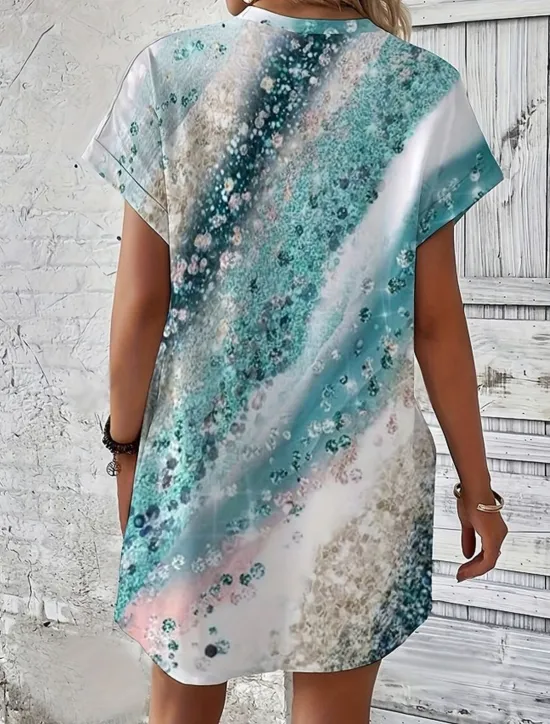 Clearance Women's Casual Dress Sundress Abstract Marble Pocket Crew Neck Elbow Sleeve Mini Dress Hawaiian Stylish Daily Date Short Sleeve Summer Spring Women T Shirt Dresses