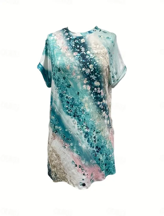 Clearance Women's Casual Dress Sundress Abstract Marble Pocket Crew Neck Elbow Sleeve Mini Dress Hawaiian Stylish Daily Date Short Sleeve Summer Spring Women T Shirt Dresses