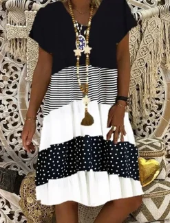 Outlet Women's Casual Dress T Shirt Dress Tee Dress Polka Dot Stripe Print V Neck Midi Dress Vacation Short Sleeve Summer Women Vacation Dresses