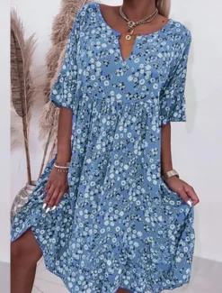 Hot Women's Casual Dress V-Neck Short Sleeve Pink White Floral Print Empire Waist Spring Summer Versatile Daily Beach Picnic Flowy Comfortable Fabric Sizes Available Women Floral Dresses|Spring Dresses