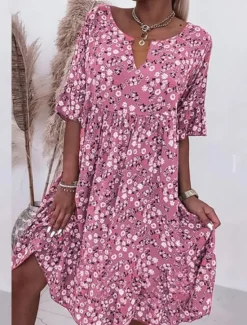 Hot Women's Casual Dress V-Neck Short Sleeve Pink White Floral Print Empire Waist Spring Summer Versatile Daily Beach Picnic Flowy Comfortable Fabric Sizes Available Women Floral Dresses|Spring Dresses