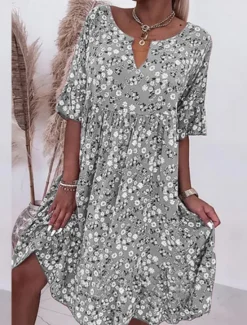 Hot Women's Casual Dress V-Neck Short Sleeve Pink White Floral Print Empire Waist Spring Summer Versatile Daily Beach Picnic Flowy Comfortable Fabric Sizes Available Women Floral Dresses|Spring Dresses