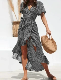 New Women's Casual Dress Wrap Dress Polka Dot Lace up Ruffle V Neck Long Dress Maxi Dress Vacation Short Sleeve Summer Women Floral Dresses|Spring Dresses