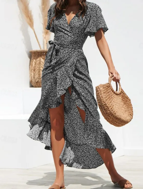 New Women's Casual Dress Wrap Dress Polka Dot Lace up Ruffle V Neck Long Dress Maxi Dress Vacation Short Sleeve Summer Women Floral Dresses|Spring Dresses