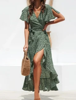 New Women's Casual Dress Wrap Dress Polka Dot Lace up Ruffle V Neck Long Dress Maxi Dress Vacation Short Sleeve Summer Women Floral Dresses|Spring Dresses