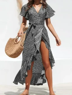 New Women's Casual Dress Wrap Dress Polka Dot Lace up Ruffle V Neck Long Dress Maxi Dress Vacation Short Sleeve Summer Women Floral Dresses|Spring Dresses