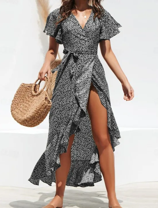 New Women's Casual Dress Wrap Dress Polka Dot Lace up Ruffle V Neck Long Dress Maxi Dress Vacation Short Sleeve Summer Women Floral Dresses|Spring Dresses