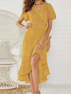 New Women's Casual Dress Wrap Dress Polka Dot Lace up Ruffle V Neck Long Dress Maxi Dress Vacation Short Sleeve Summer Women Floral Dresses|Spring Dresses