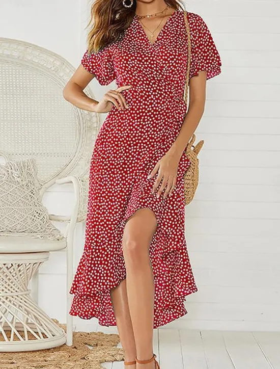 New Women's Casual Dress Wrap Dress Polka Dot Lace up Ruffle V Neck Long Dress Maxi Dress Vacation Short Sleeve Summer Women Floral Dresses|Spring Dresses
