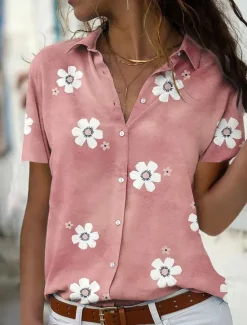 Discount Women's Casual Floral Print Shirt Short Sleeve Lapel Collar Blue Regular Fit Fashion Blouse for Spring Summer Daily Wear Women Blouses & Shirts