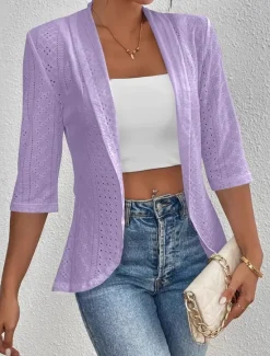 Sale Women's Casual Jacket Breathable Quick Dry Lace Casual Office / Career Collarless Regular Fit 3/4 Length Sleeve Outerwear Black White Violet Spring Fall Women Jackets