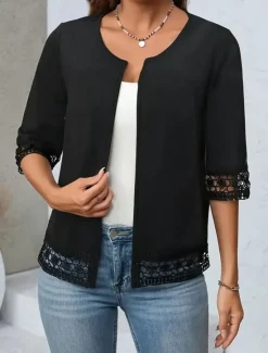 Women's Casual Jacket Breathable Comfortable Patchwork Cut Out Elegant Casual Plain Vacation Street Casual Daily Wear Open Front Regular Crewneck Regular Fit Half Sleeve Outerwear Summer Spring Women Coats & Trench Coats