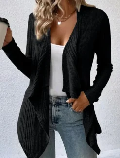 Clearance Women's Casual Jacket Breathable Comfortable Irregular Hem Casual Plain Vacation Street Casual Daily Wear Open Front Regular Collarless Regular Fit Long Sleeve Outerwear Black Light Green Camel Fall Women Jackets|Cardigans & Outerwears