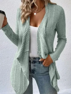 Clearance Women's Casual Jacket Breathable Comfortable Irregular Hem Casual Plain Vacation Street Casual Daily Wear Open Front Regular Collarless Regular Fit Long Sleeve Outerwear Black Light Green Camel Fall Women Jackets|Cardigans & Outerwears