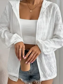 Outlet Women's Casual Jacket Breathable Comfortable Zipper Casual Plain Vacation Street Casual Daily Wear Zipper Regular Hooded Regular Fit Long Sleeve Outerwear Black White Purple Summer Spring Women Jackets|Coats & Trench Coats