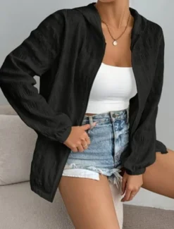 Outlet Women's Casual Jacket Breathable Comfortable Zipper Casual Plain Vacation Street Casual Daily Wear Zipper Regular Hooded Regular Fit Long Sleeve Outerwear Black White Purple Summer Spring Women Jackets|Coats & Trench Coats