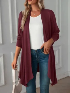Hot Women's Casual Jacket Breathable Comfortable Oversized Casual Plain Vacation Street Casual Daily Wear Open Front Long Collarless Regular Fit 3/4 Length Sleeve Outerwear White Pink Wine Summer Spring Women Jackets|Coats & Trench Coats