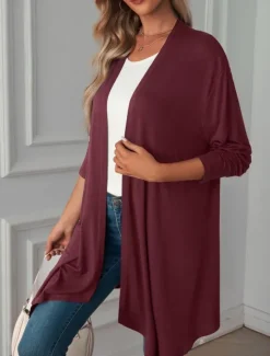 Hot Women's Casual Jacket Breathable Comfortable Oversized Casual Plain Vacation Street Casual Daily Wear Open Front Long Collarless Regular Fit 3/4 Length Sleeve Outerwear White Pink Wine Summer Spring Women Jackets|Coats & Trench Coats