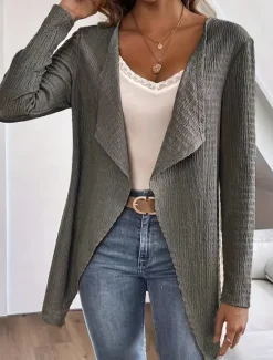Online Women's Casual Jacket Breathable Comfortable Oversized Casual Plain Vacation Street Daily Wear Going out Open Front Regular Collarless Regular Fit Long Sleeve Outerwear Black White Sky Blue Summer Women Jackets