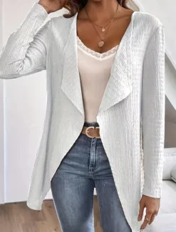 Online Women's Casual Jacket Breathable Comfortable Oversized Casual Plain Vacation Street Daily Wear Going out Open Front Regular Collarless Regular Fit Long Sleeve Outerwear Black White Sky Blue Summer Women Jackets