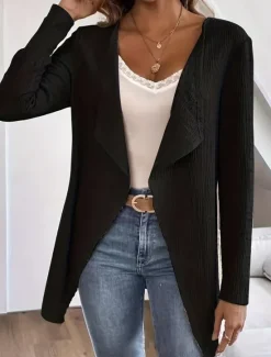 Online Women's Casual Jacket Breathable Comfortable Oversized Casual Plain Vacation Street Daily Wear Going out Open Front Regular Collarless Regular Fit Long Sleeve Outerwear Black White Sky Blue Summer Women Jackets