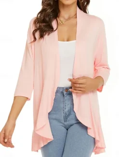 Women's Casual Jacket Breathable Comfortable Ruffle Casual Plain Vacation Street Casual Daily Wear Open Front Regular Collarless Regular Fit Long Sleeve Outerwear White Pink Navy Blue Summer Spring Women Jackets