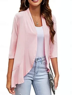 Women's Casual Jacket Breathable Comfortable Ruffle Casual Plain Vacation Street Casual Daily Wear Open Front Regular Collarless Regular Fit Long Sleeve Outerwear White Pink Navy Blue Summer Spring Women Jackets