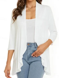 Women's Casual Jacket Breathable Comfortable Ruffle Casual Plain Vacation Street Casual Daily Wear Open Front Regular Collarless Regular Fit Long Sleeve Outerwear White Pink Navy Blue Summer Spring Women Jackets