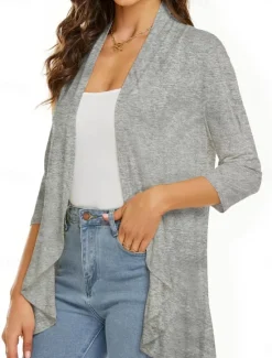 Women's Casual Jacket Breathable Comfortable Ruffle Casual Plain Vacation Street Casual Daily Wear Open Front Regular Collarless Regular Fit Long Sleeve Outerwear White Pink Navy Blue Summer Spring Women Jackets