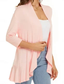 Women's Casual Jacket Breathable Comfortable Ruffle Casual Plain Vacation Street Casual Daily Wear Open Front Regular Collarless Regular Fit Long Sleeve Outerwear White Pink Navy Blue Summer Spring Women Jackets