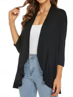 Women's Casual Jacket Breathable Comfortable Ruffle Casual Plain Vacation Street Casual Daily Wear Open Front Regular Collarless Regular Fit Long Sleeve Outerwear White Pink Navy Blue Summer Spring Women Jackets