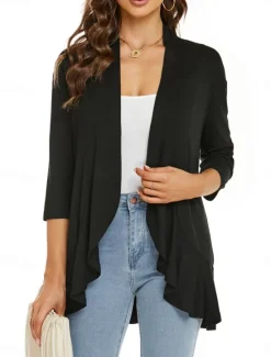 Women's Casual Jacket Breathable Comfortable Ruffle Casual Plain Vacation Street Casual Daily Wear Open Front Regular Collarless Regular Fit Long Sleeve Outerwear White Pink Navy Blue Summer Spring Women Jackets