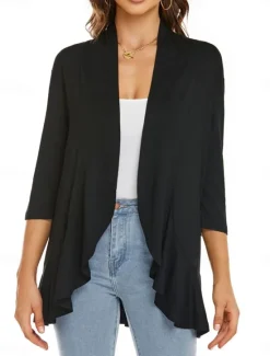 Women's Casual Jacket Breathable Comfortable Ruffle Casual Plain Vacation Street Casual Daily Wear Open Front Regular Collarless Regular Fit Long Sleeve Outerwear White Pink Navy Blue Summer Spring Women Jackets