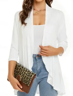 Women's Casual Jacket Breathable Comfortable Ruffle Casual Plain Vacation Street Casual Daily Wear Open Front Regular Collarless Regular Fit Long Sleeve Outerwear White Pink Navy Blue Summer Spring Women Jackets