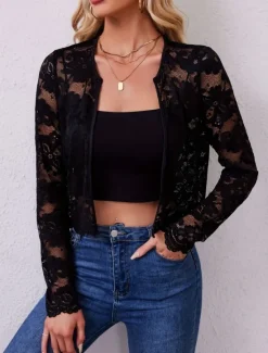 Hot Women's Casual Jacket Breathable Comfortable Lace Patchwork Elegant Casual Plain Vacation Street Casual Daily Wear Open Front Short Crewneck Regular Fit Long Sleeve Outerwear Black White Summer Spring Women Jackets|Coats & Trench Coats