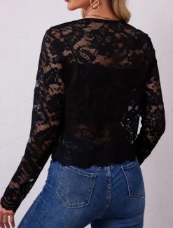 Hot Women's Casual Jacket Breathable Comfortable Lace Patchwork Elegant Casual Plain Vacation Street Casual Daily Wear Open Front Short Crewneck Regular Fit Long Sleeve Outerwear Black White Summer Spring Women Jackets|Coats & Trench Coats