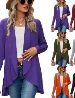 Hot Women's Casual Jacket Breathable Comfortable Irregular Hem Casual Plain Vacation Street Casual Daily Wear Open Front Regular Shawl Collar Regular Fit Long Sleeve Outerwear Black Wine Purple Summer Women Jackets|Coats & Trench Coats